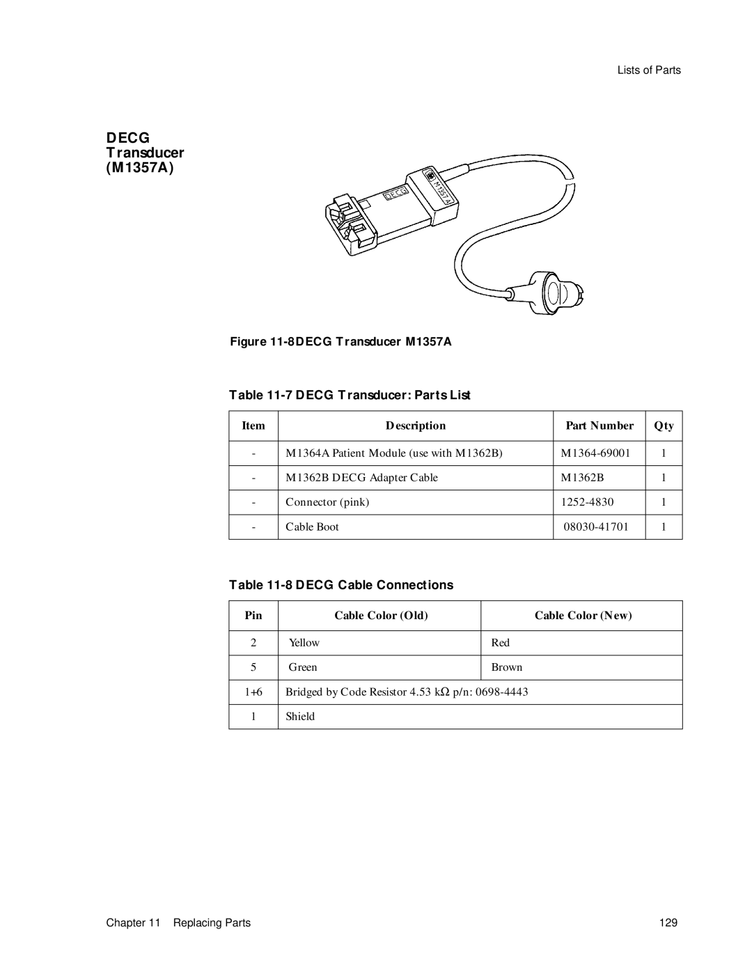 Philips M1351A, M1353A manual Decg Transducer M1357A, Decg Transducer Parts List, Cable Color Old 