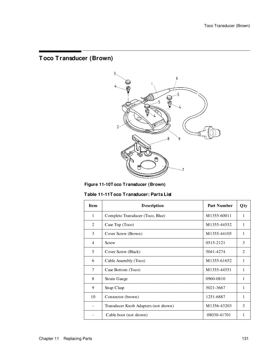 Philips M1351A, M1353A manual Toco Transducer Brown, 11Toco Transducer Parts List 