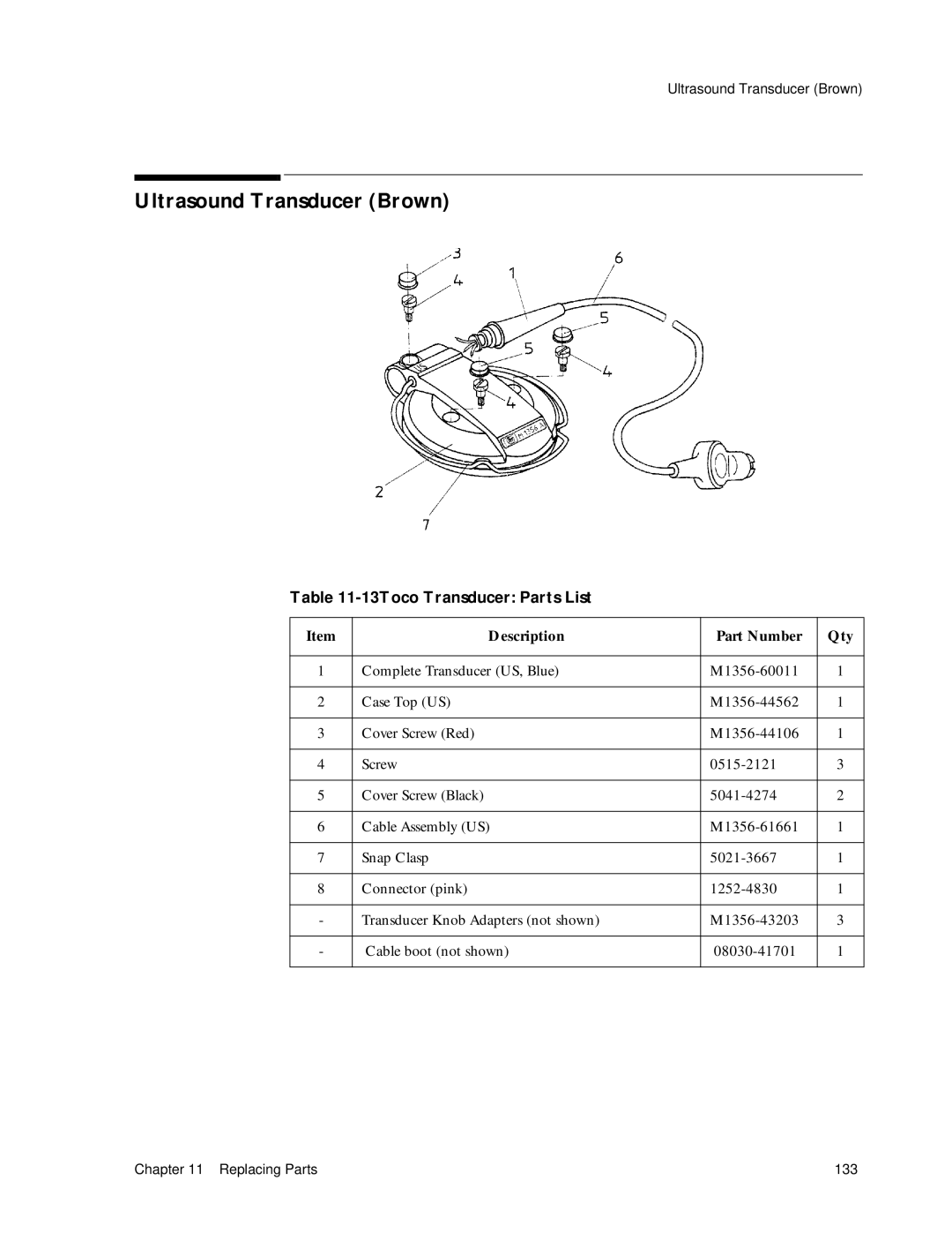 Philips M1351A, M1353A manual Ultrasound Transducer Brown, 13Toco Transducer Parts List 