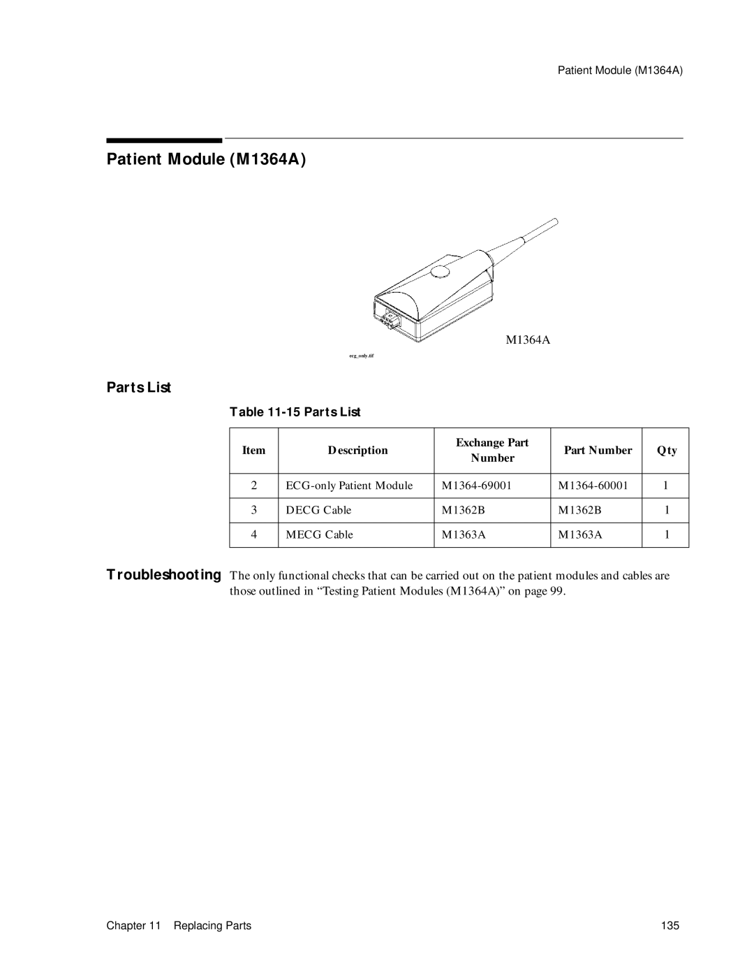 Philips M1351A, M1353A manual Patient Module M1364A, Parts List, Description Exchange Part Part Number Qty 