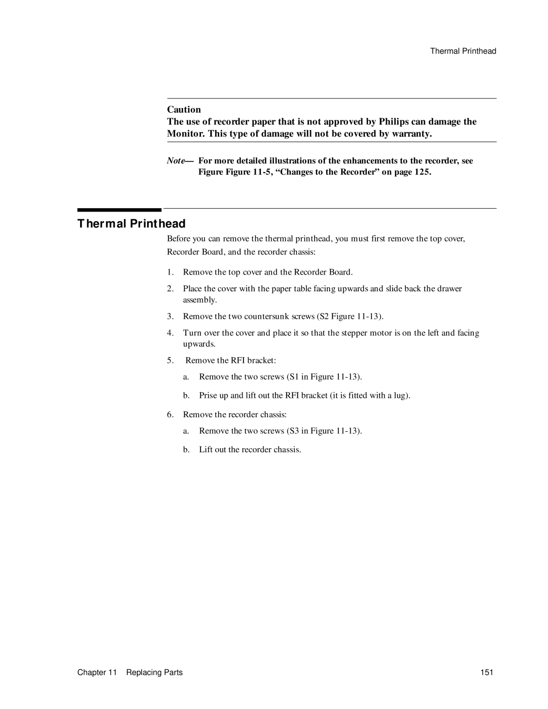 Philips M1351A, M1353A manual Thermal Printhead, Changes to the Recorder on 