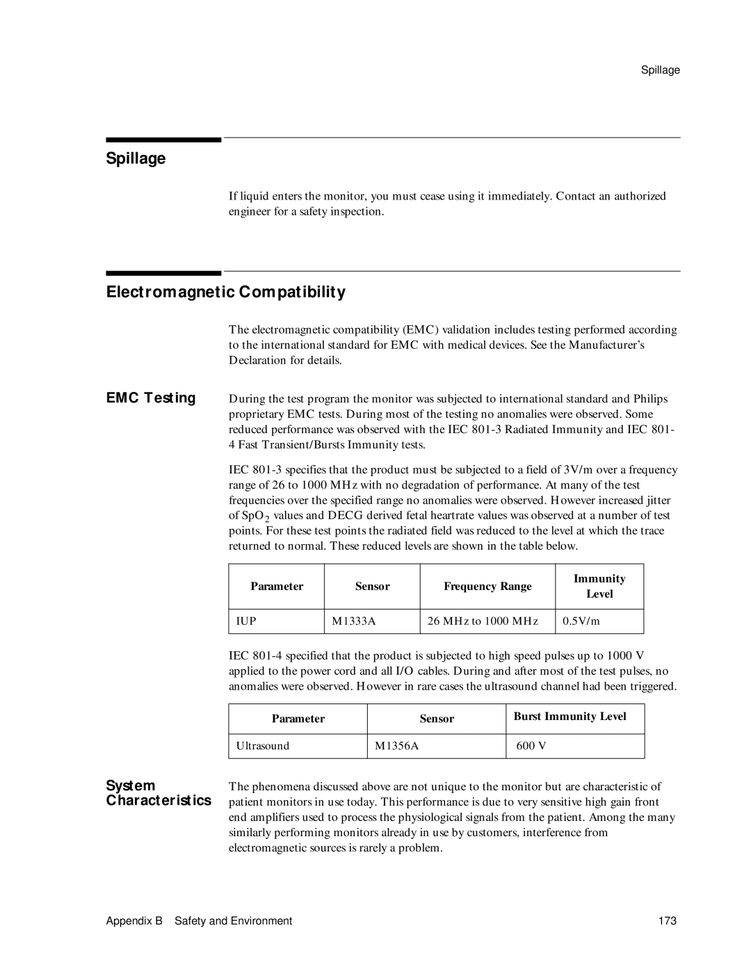 Philips M1351A, M1353A manual Spillage, Electromagnetic Compatibility, System, Characteristics 