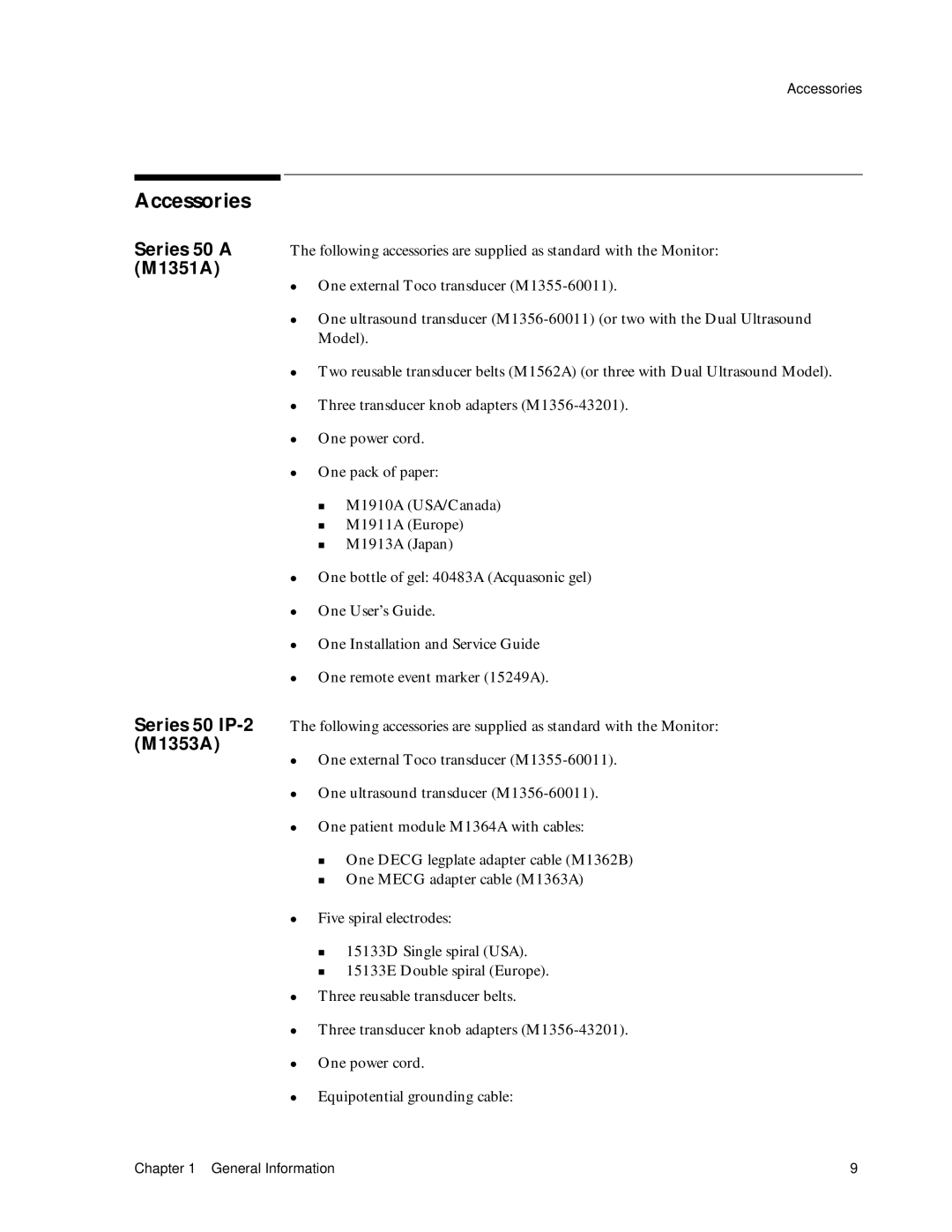 Philips M1351A manual Accessories, Series 50 a, M1353A 