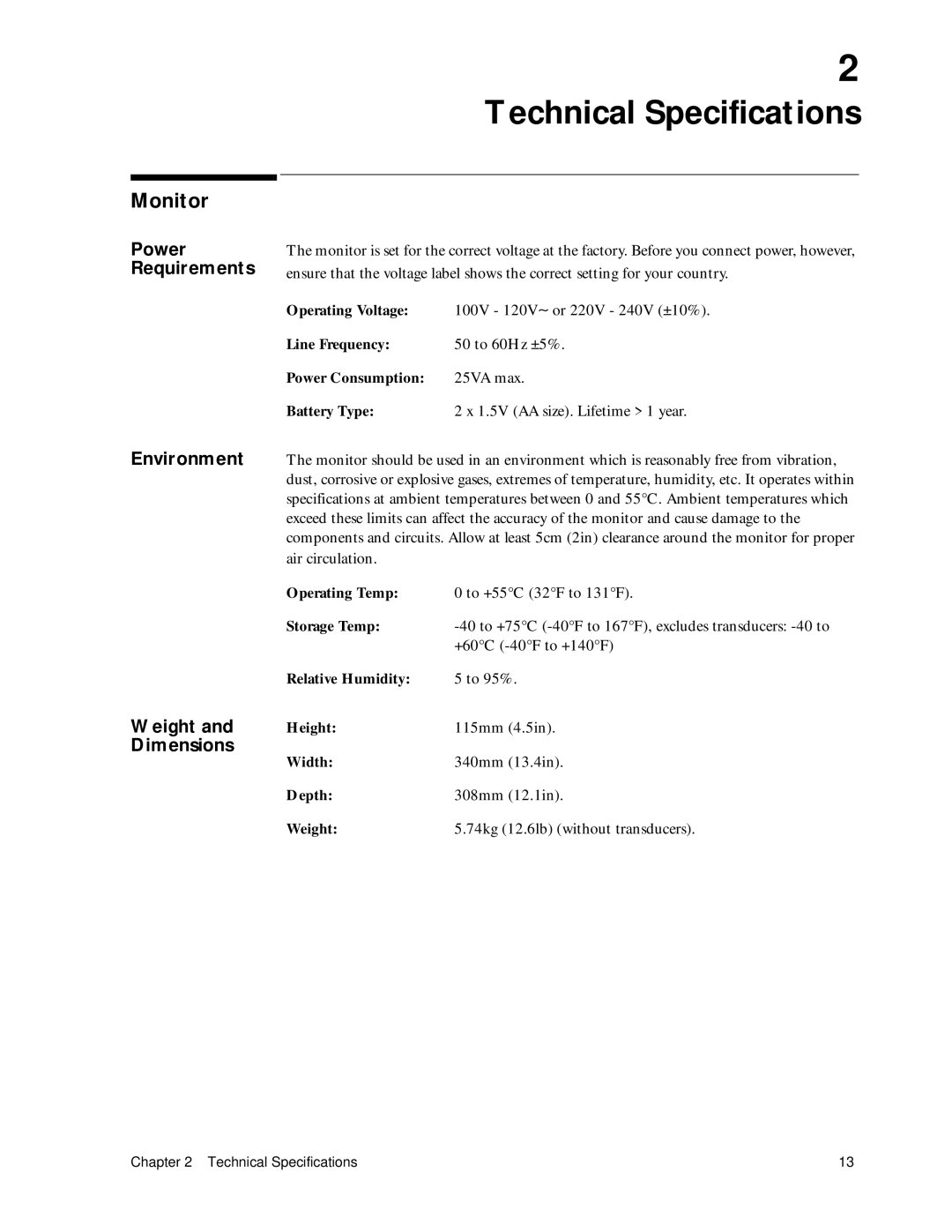 Philips M1351A, M1353A manual Monitor, Power Requirements, Environment, Weight, Dimensions 