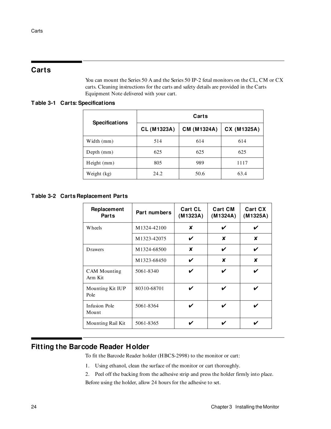 Philips M1353A, M1351A manual Fitting the Barcode Reader Holder, Carts Specifications, Carts Replacement Parts 