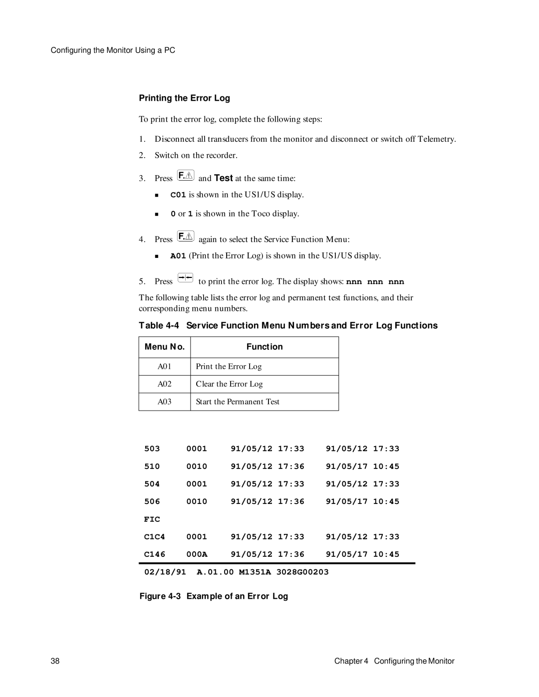 Philips M1353A, M1351A manual Service Function Menu Numbers and Error Log Functions, Fic 