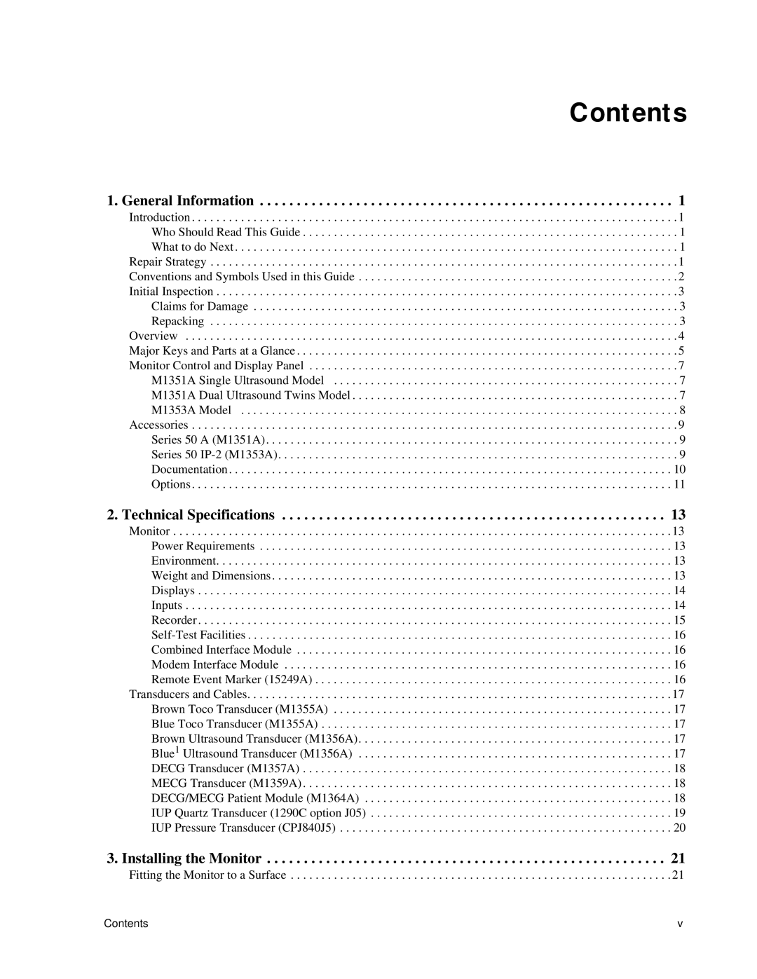 Philips M1351A, M1353A manual Contents 