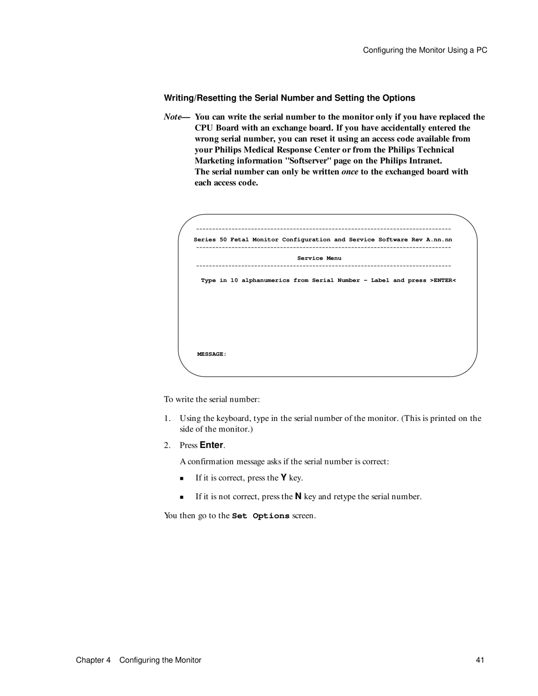 Philips M1351A, M1353A manual Writing/Resetting the Serial Number and Setting the Options 