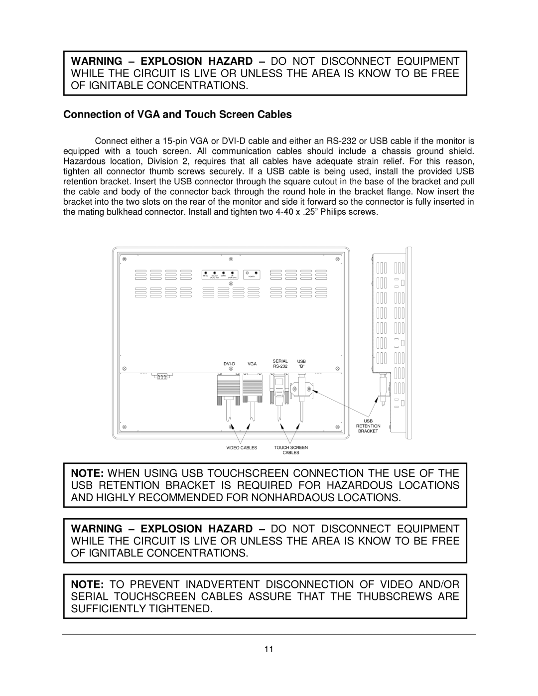 Philips M1500T manual Connection of VGA and Touch Screen Cables 