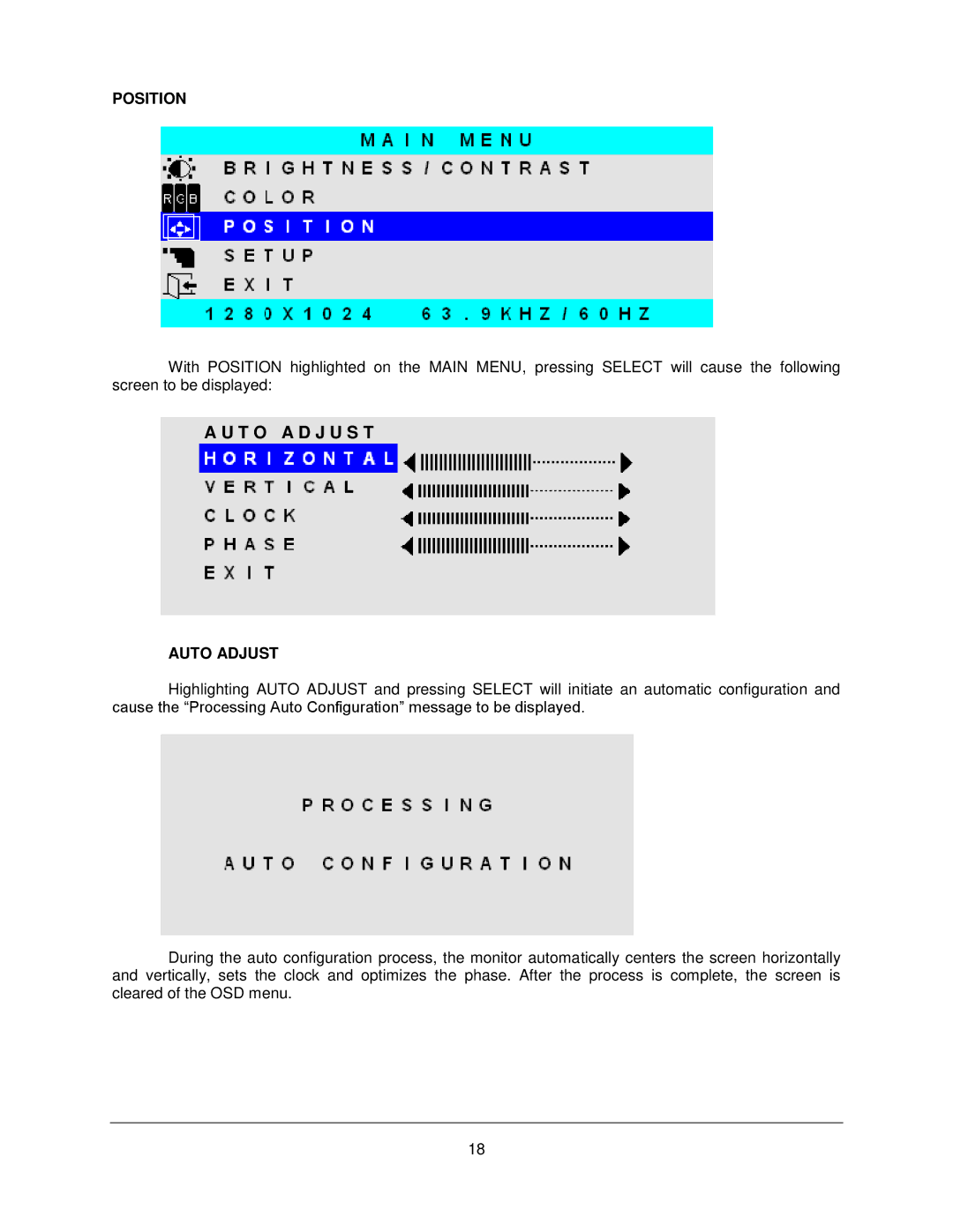 Philips M1500T manual Position, Auto Adjust 