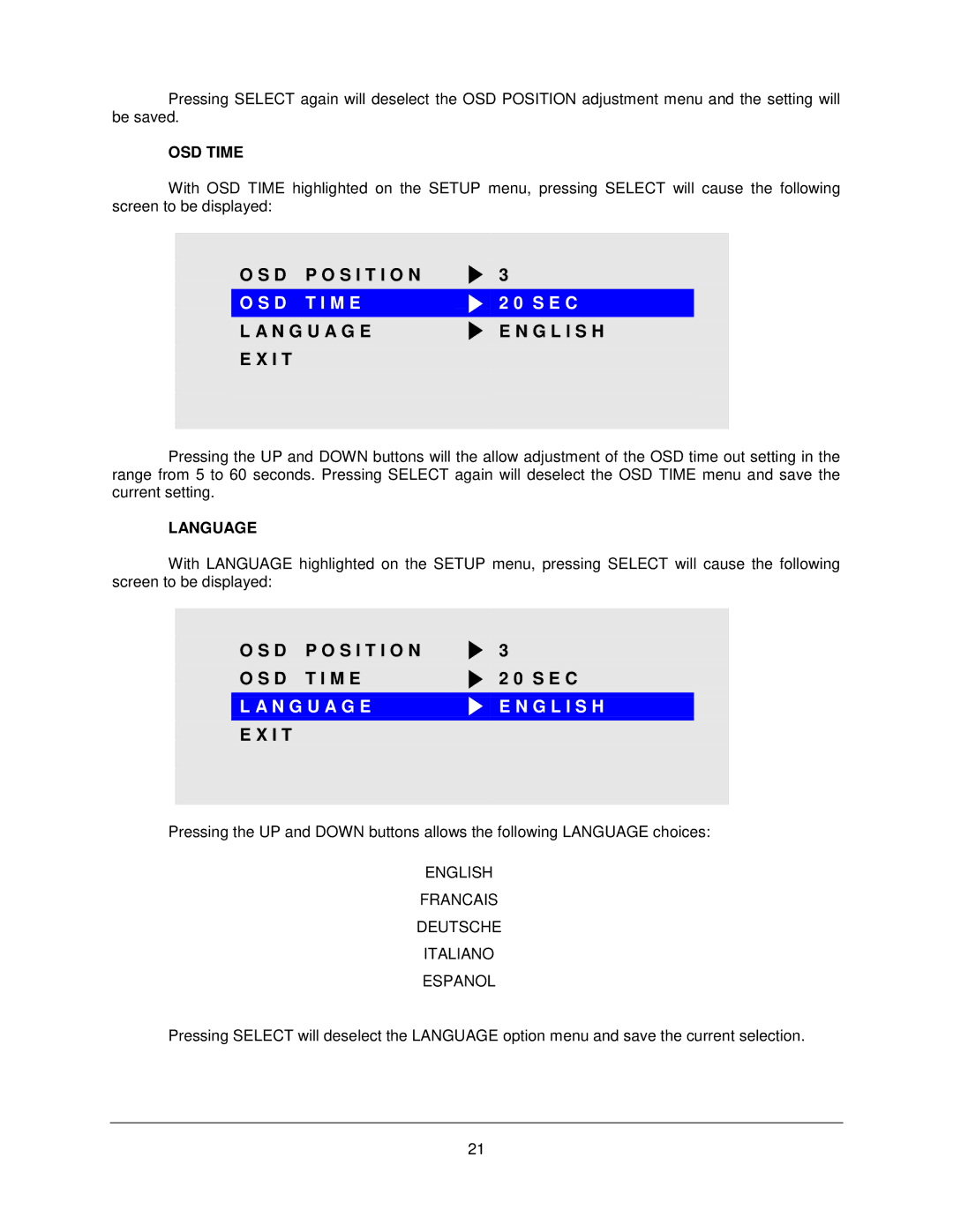 Philips M1500T manual OSD Time, Language 