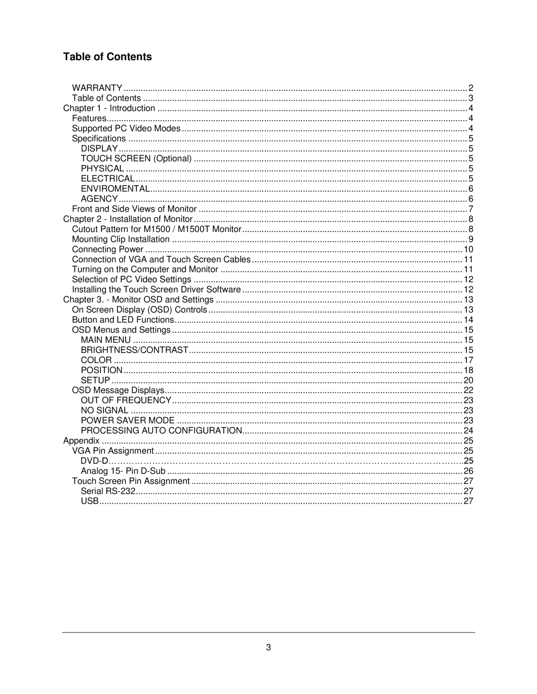 Philips M1500T manual Table of Contents 