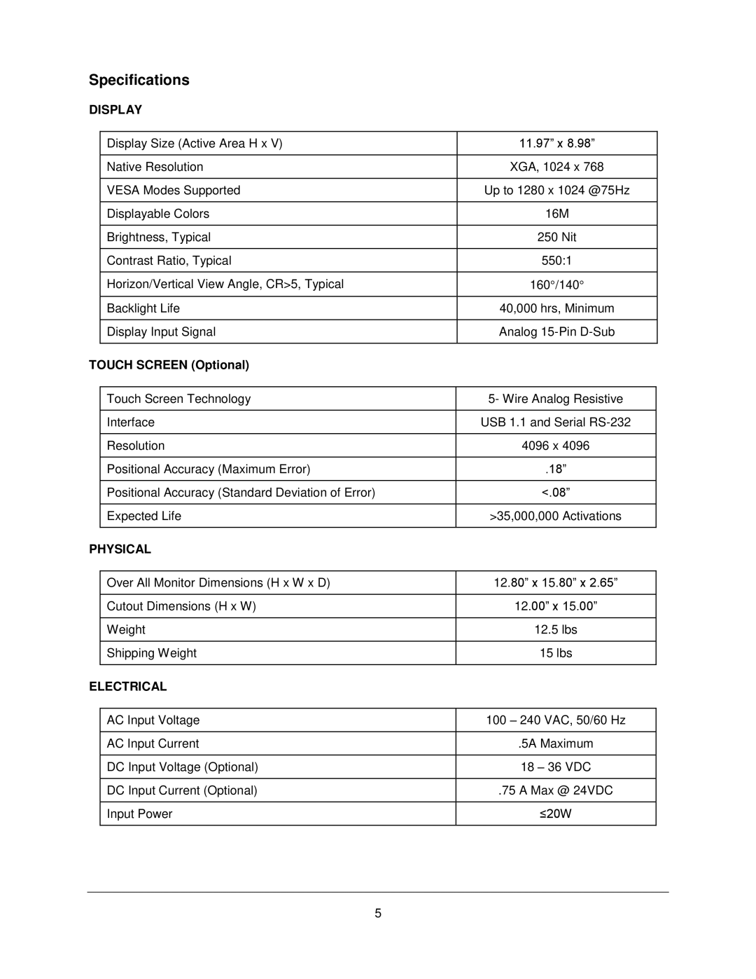 Philips M1500T manual Specifications, Display, Physical, Electrical 