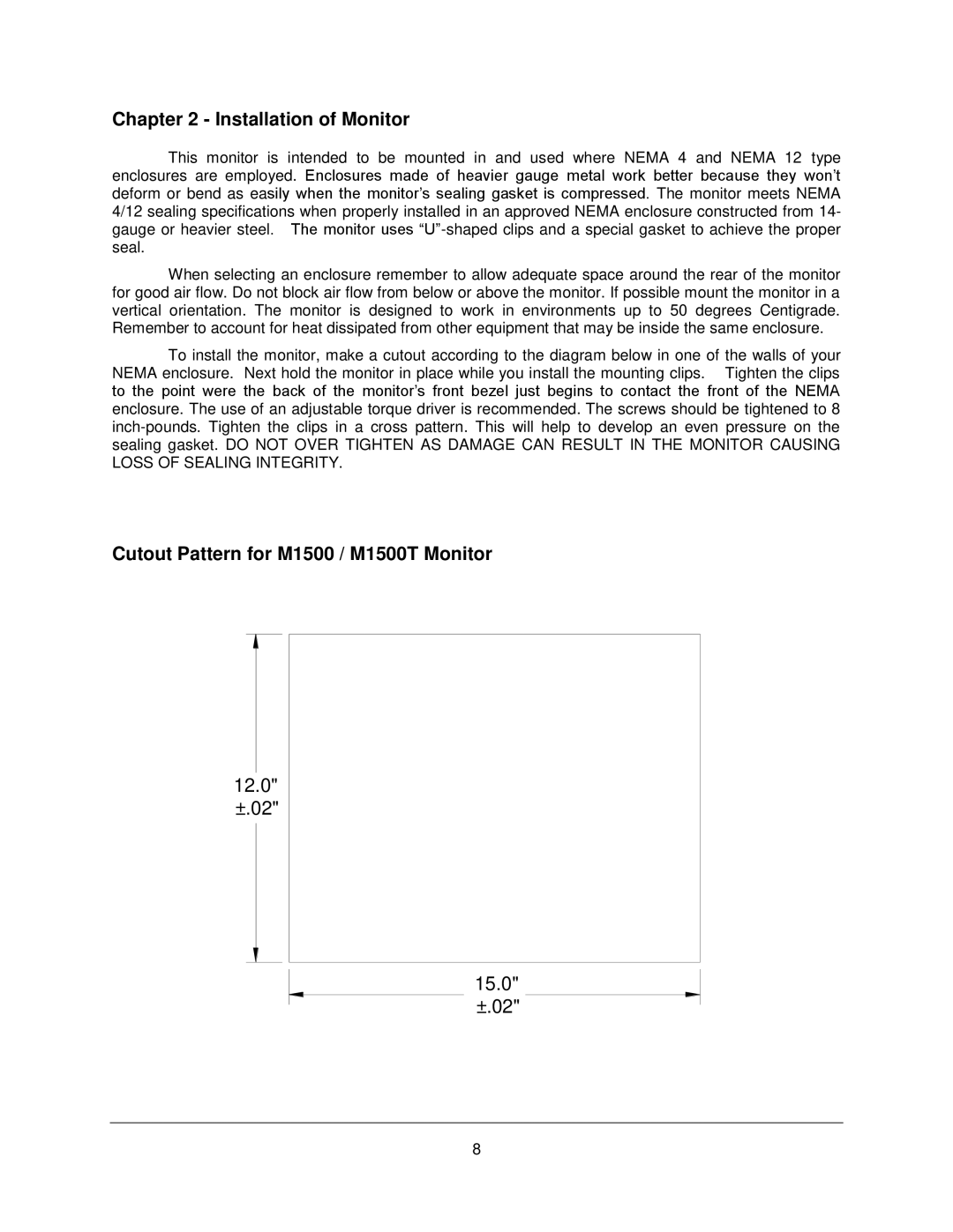 Philips manual Installation of Monitor, Cutout Pattern for M1500 / M1500T Monitor 