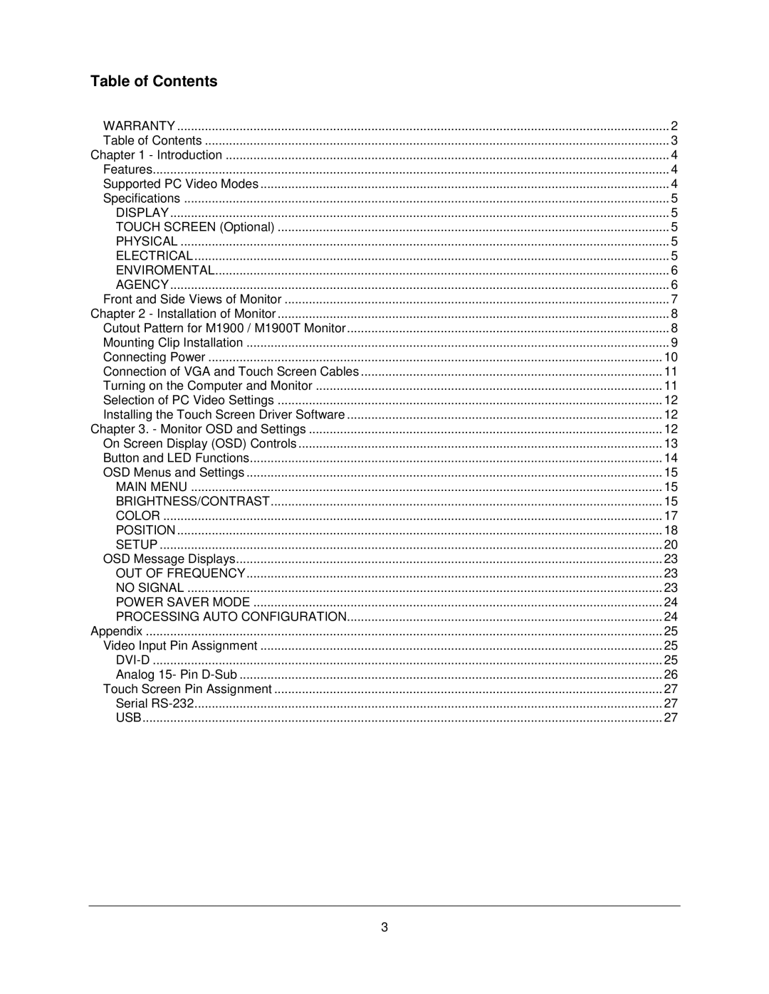 Philips M1900T manual Table of Contents 