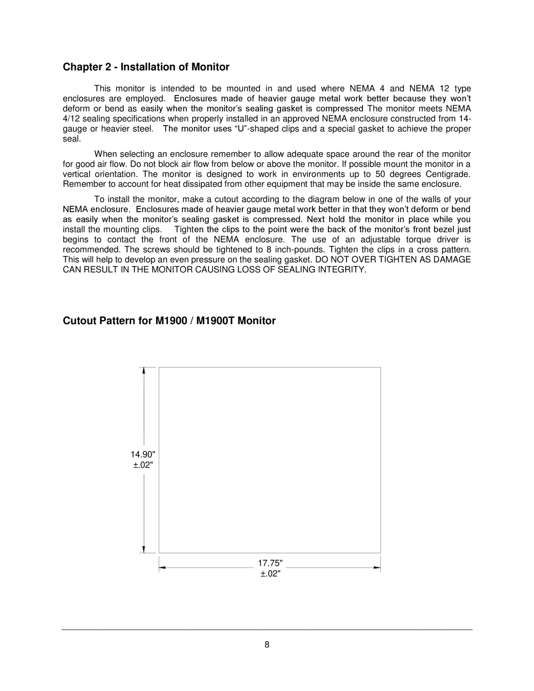 Philips manual Installation of Monitor, Cutout Pattern for M1900 / M1900T Monitor 