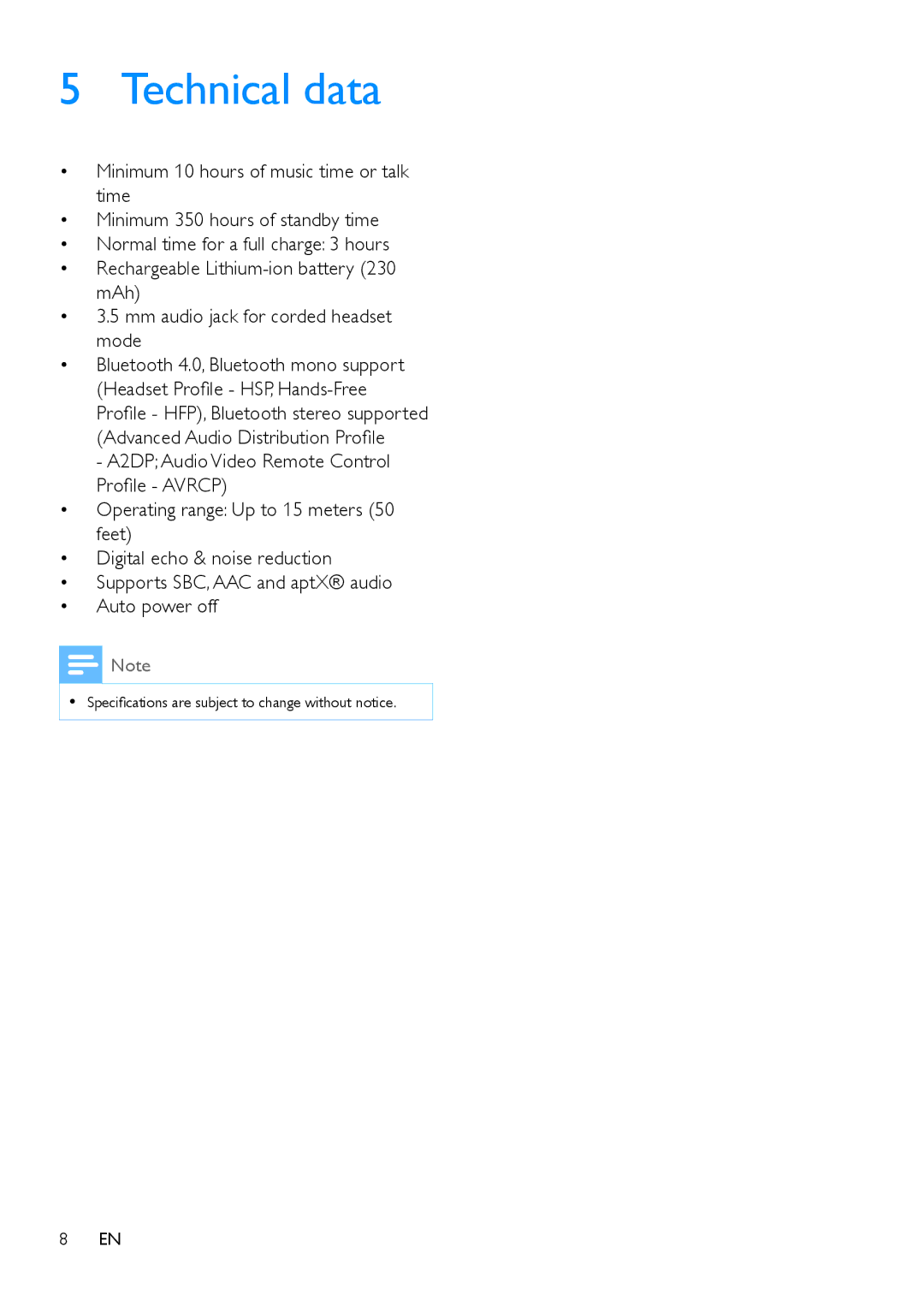 Philips M1BT user manual Technical data 