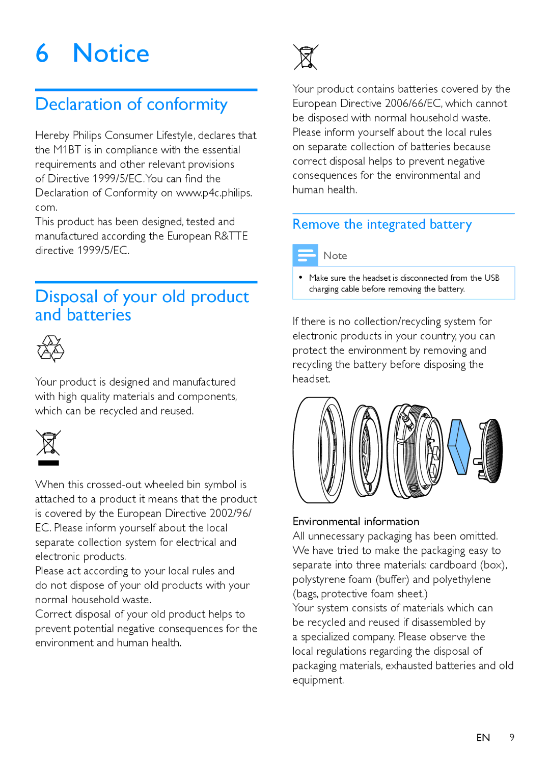 Philips M1BT user manual Declaration of conformity, Disposal of your old product and batteries, Environmental information 