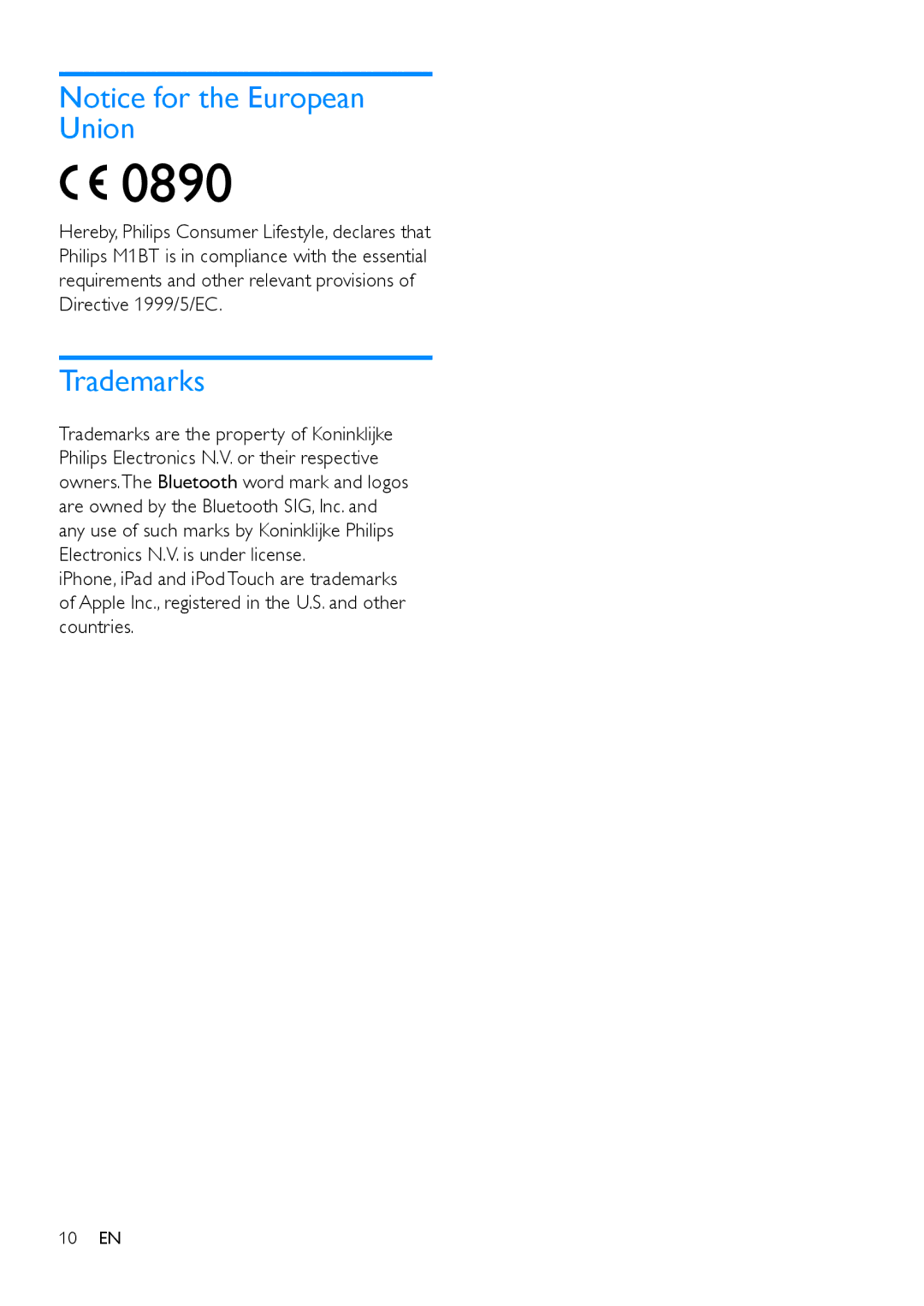 Philips M1BT user manual 0890, Trademarks 