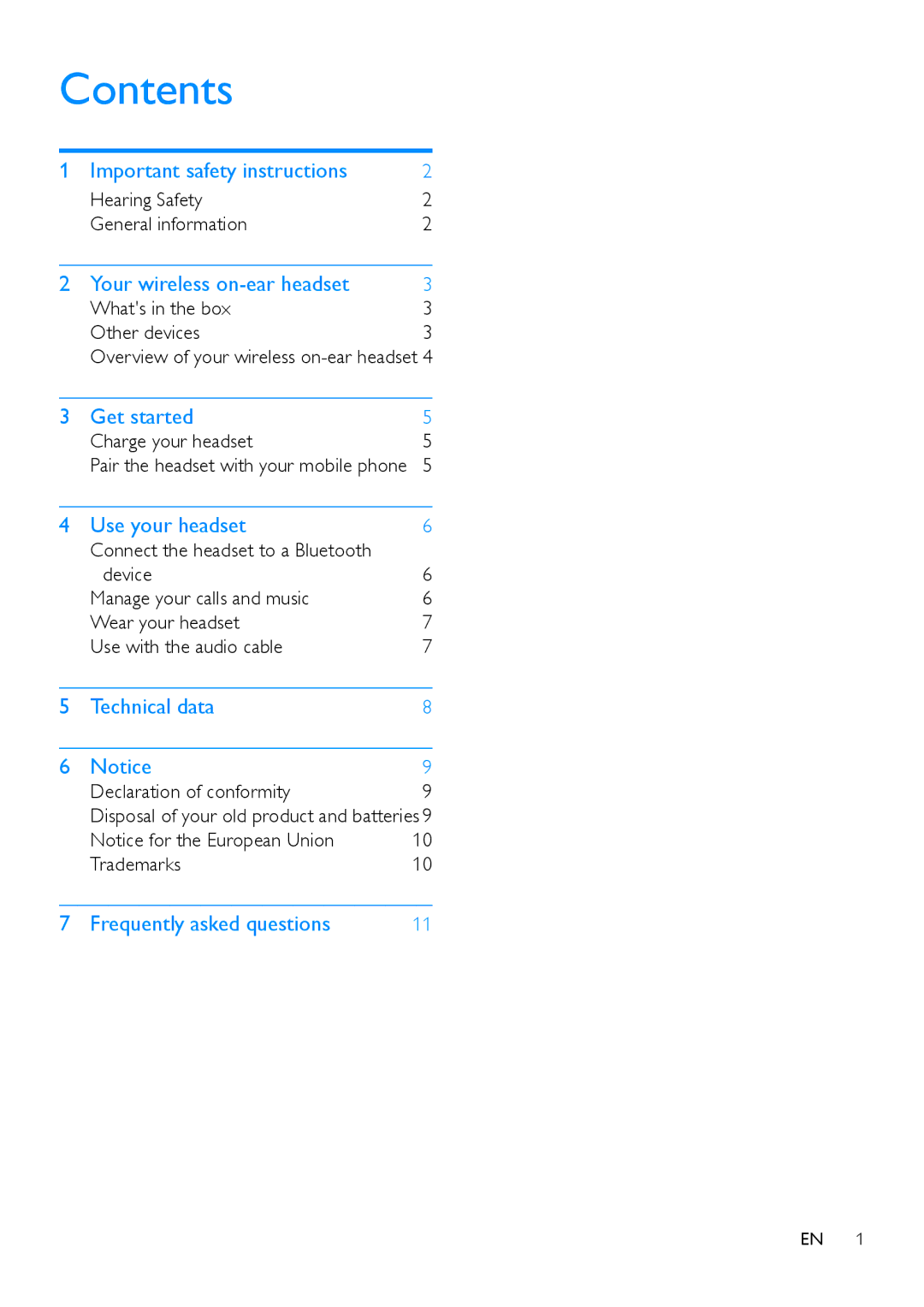 Philips M1BT user manual Contents 