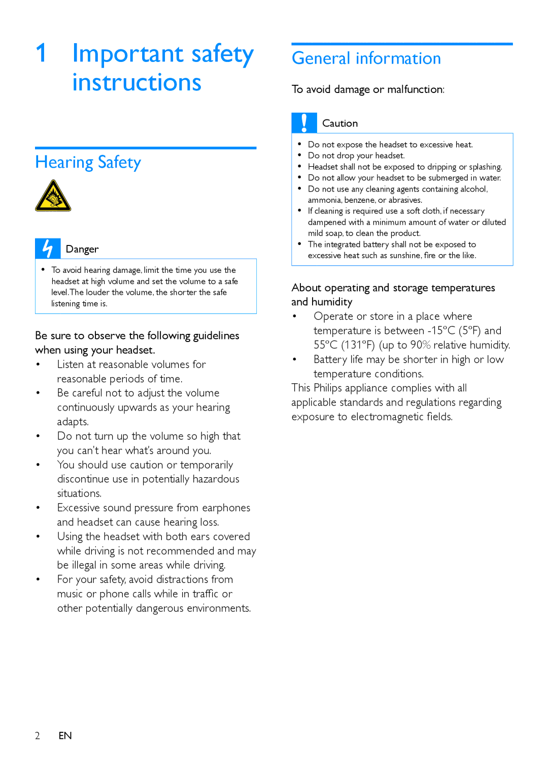 Philips M1BT user manual Hearing Safety, General information, To avoid damage or malfunction 