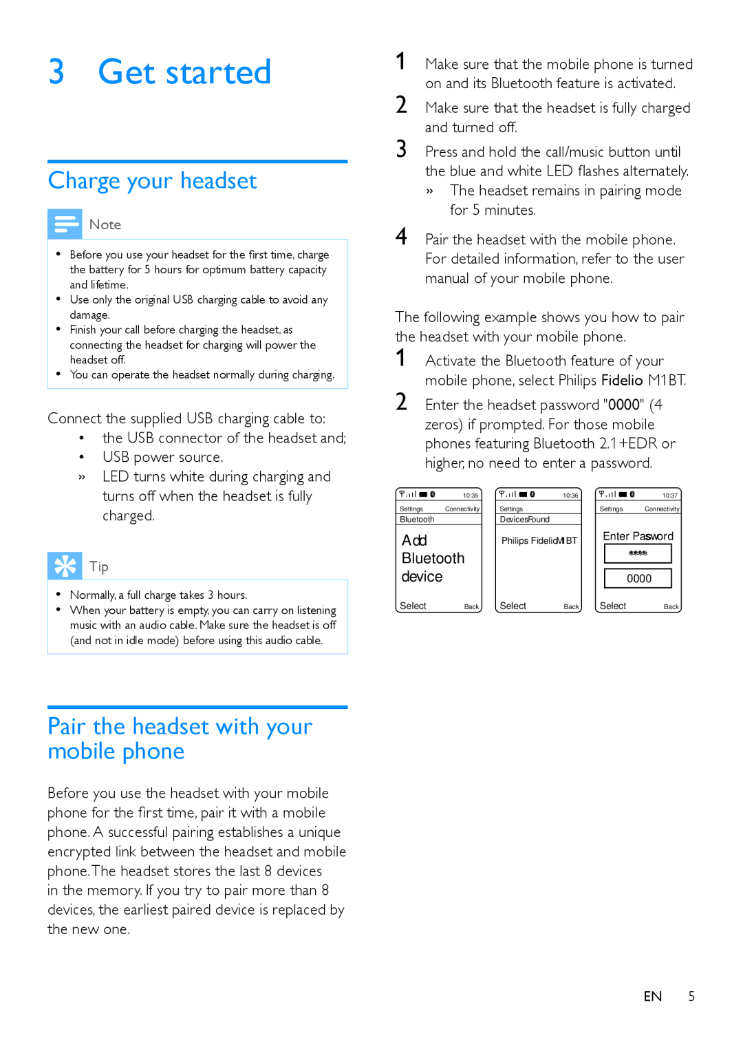 Philips M1BT user manual Get started, Charge your headset, Pair the headset with your mobile phone 