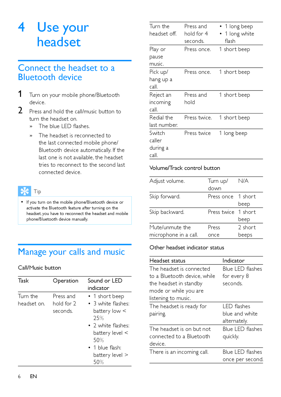 Philips M1BT user manual Connect the headset to a Bluetooth device, Manage your calls and music 