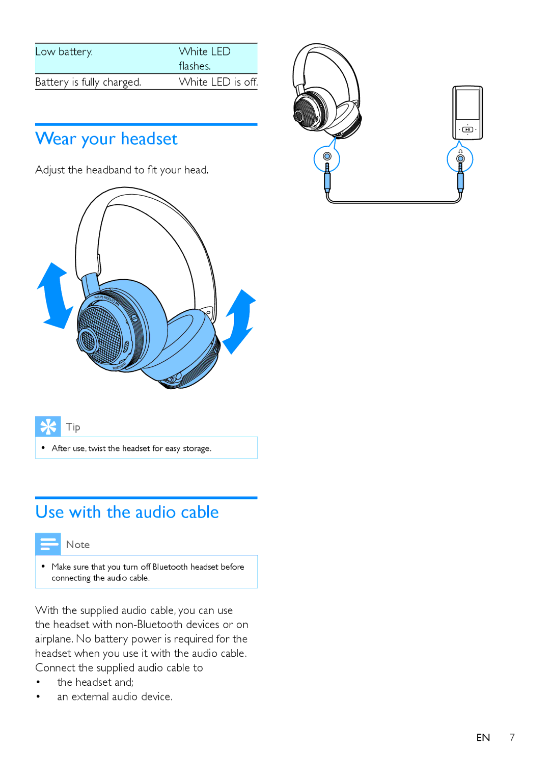 Philips M1BT Wear your headset, Use with the audio cable, Low battery White LED Flashes Battery is fully charged 