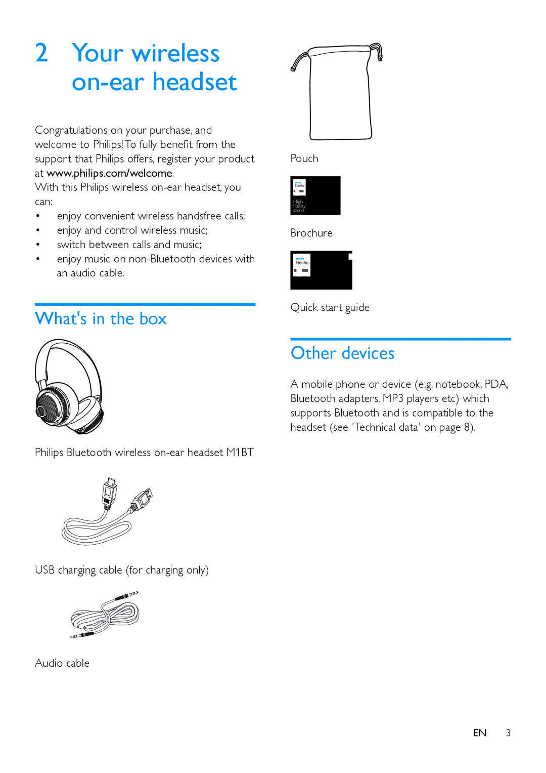 Philips M1BT user manual 2Your wireless on-earheadset, Whats in the box, Other devices 