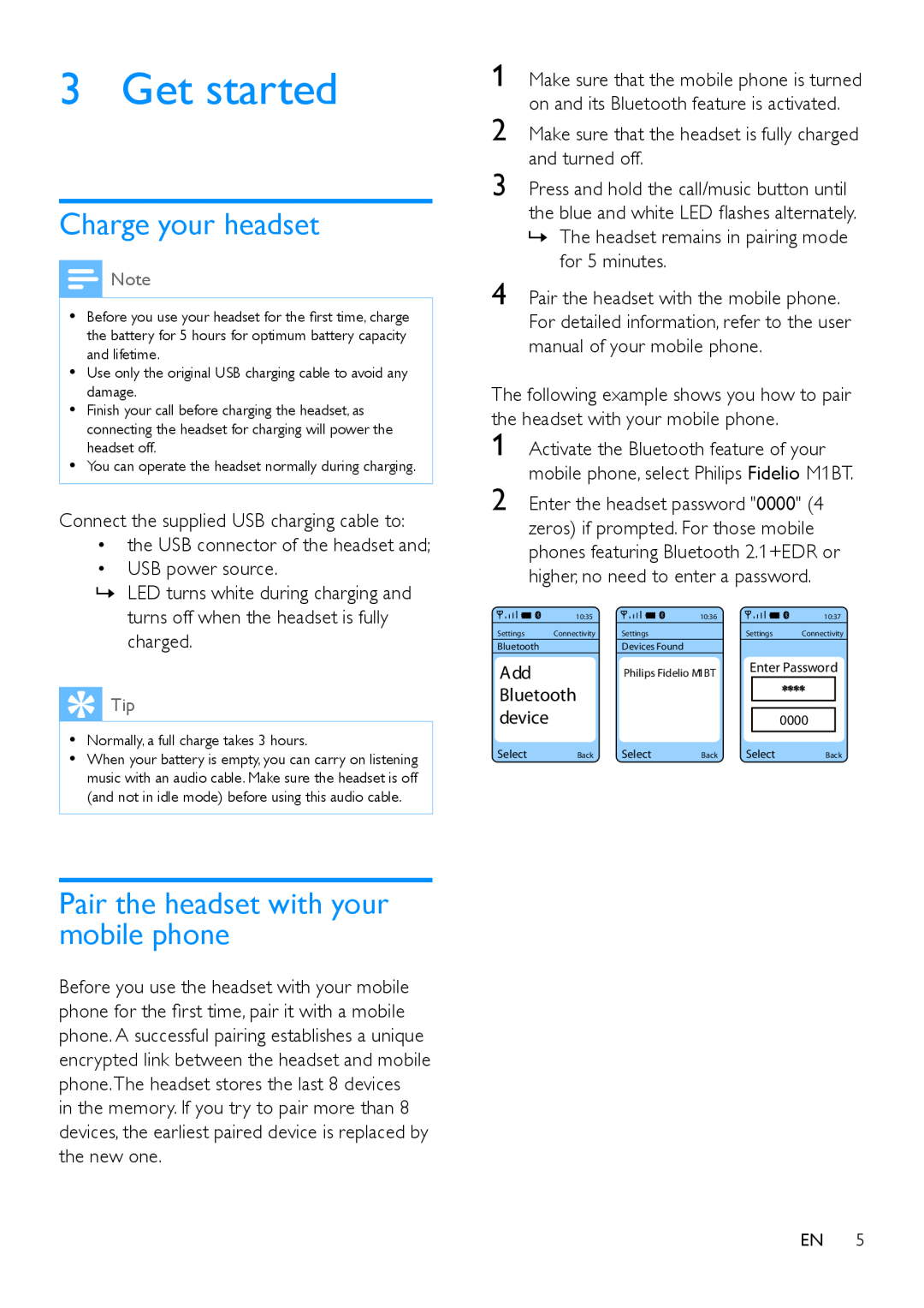 Philips M1BT user manual Get started, Charge your headset, Pair the headset with your mobile phone 