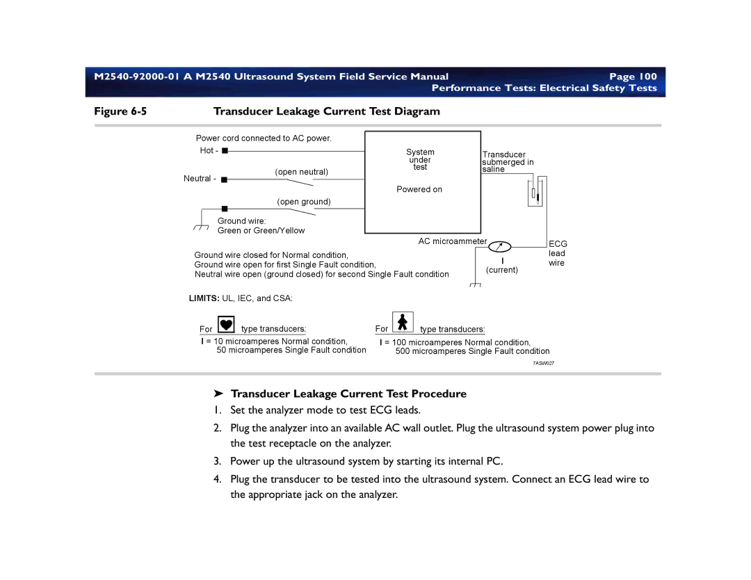 Philips M2540 service manual Transducer Leakage Current Test Diagram, Transducer Leakage Current Test Procedure 