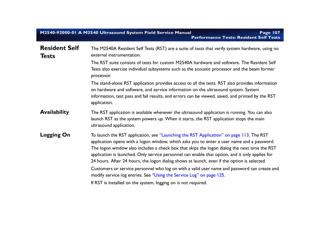 Philips M2540 service manual Resident Self Tests, Availability, Logging On 