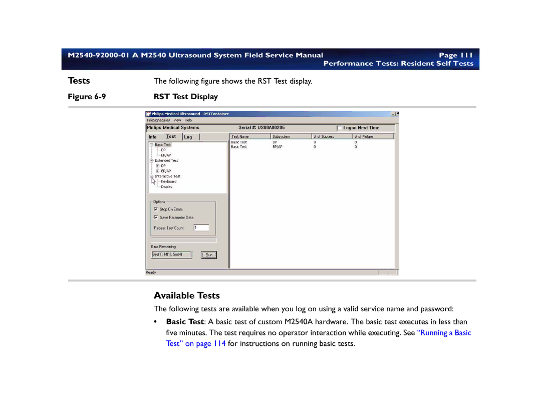 Philips M2540 service manual Available Tests, RST Test Display 