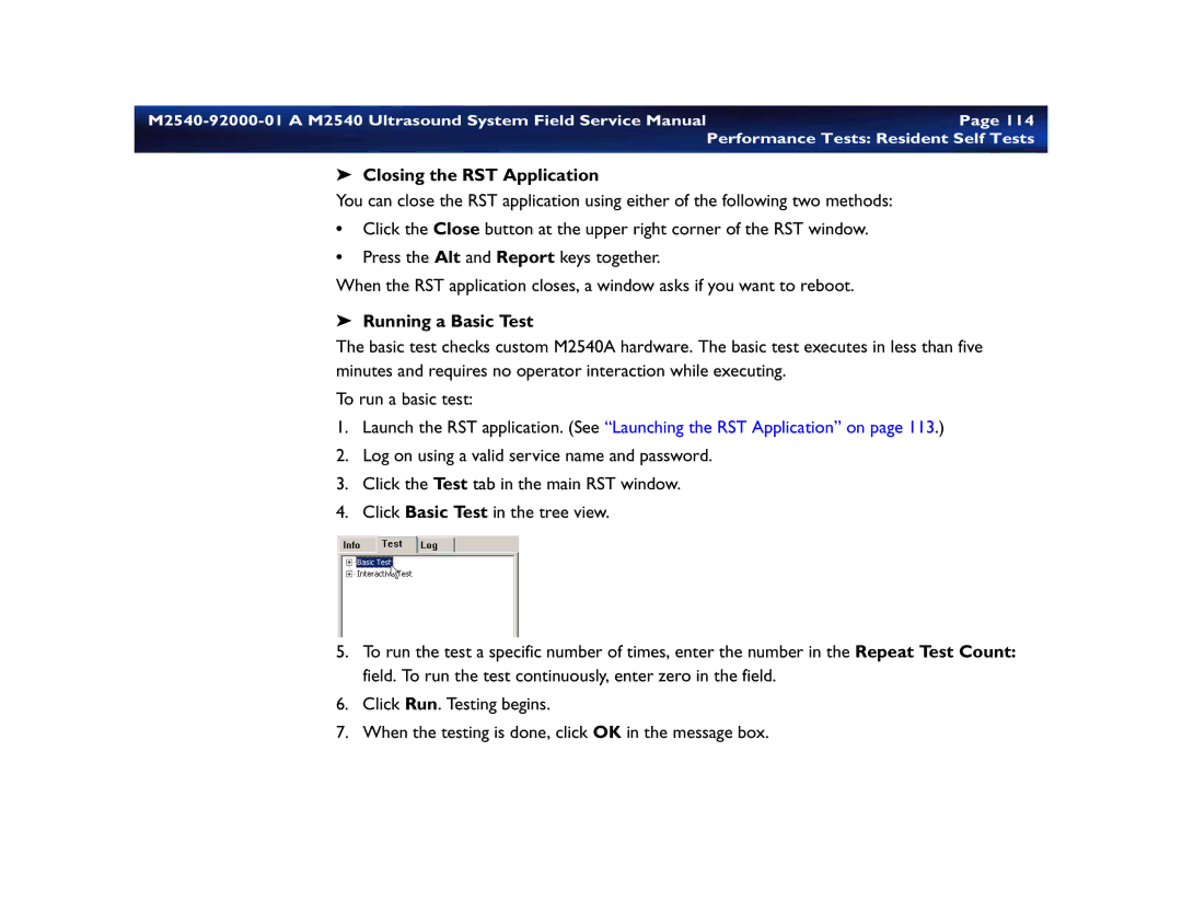 Philips M2540 service manual Performance Tests Resident Self Tests, Closing the RST Application, Running a Basic Test 