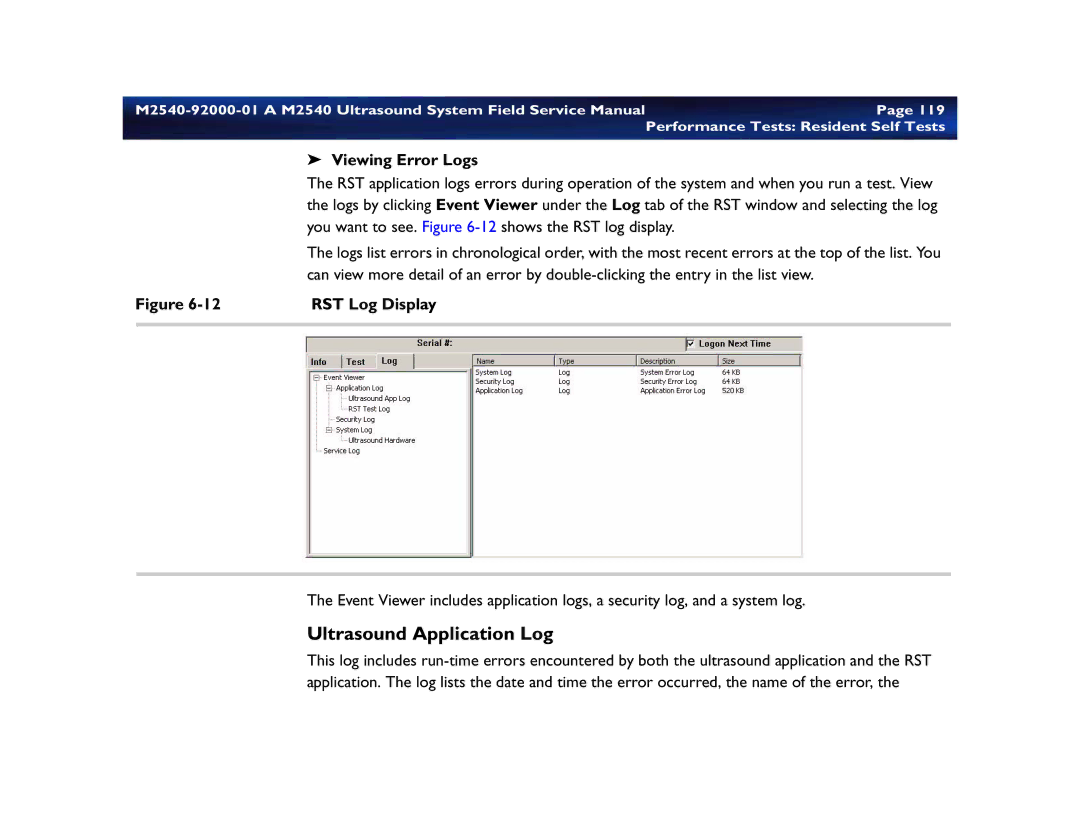 Philips M2540 service manual Ultrasound Application Log, Viewing Error Logs, RST Log Display 