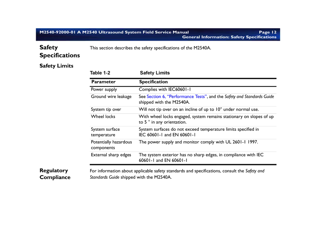 Philips M2540 service manual General Information Safety Specifications, Safety Limits, Parameter Specification 