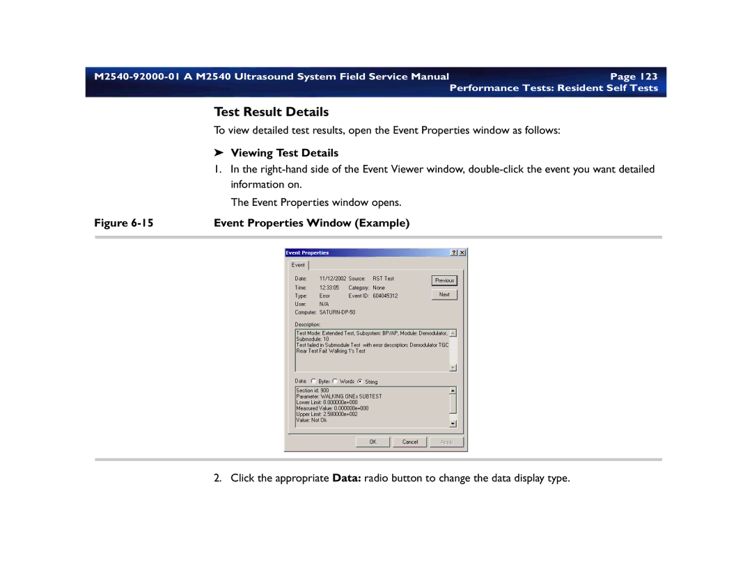 Philips M2540 service manual Test Result Details, Viewing Test Details, Event Properties Window Example 