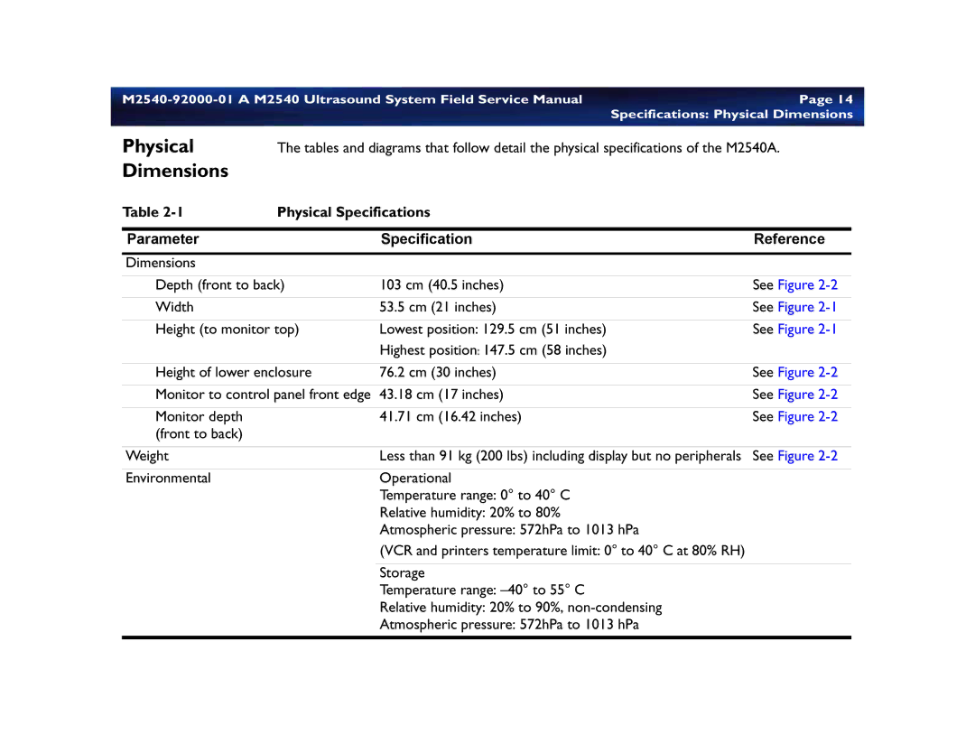 Philips M2540 service manual Physical Dimensions, Physical Specifications Parameter Reference 