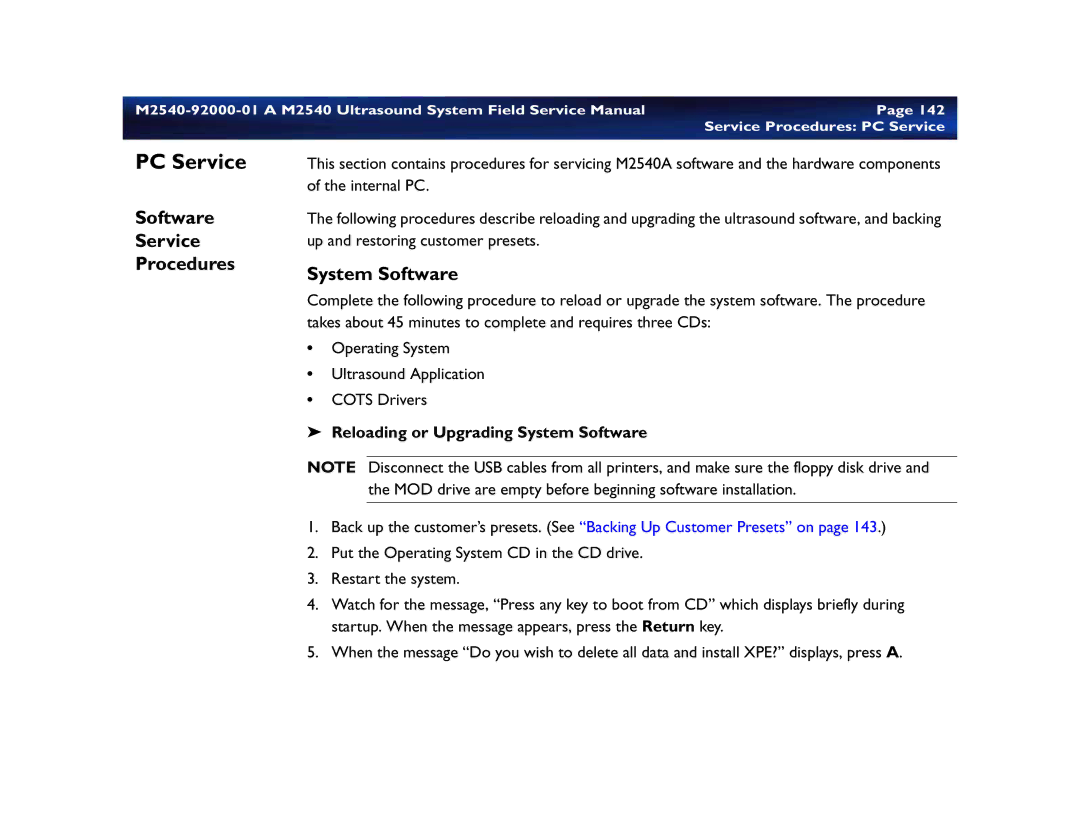 Philips M2540 service manual PC Service, Software Service Procedures, Reloading or Upgrading System Software 