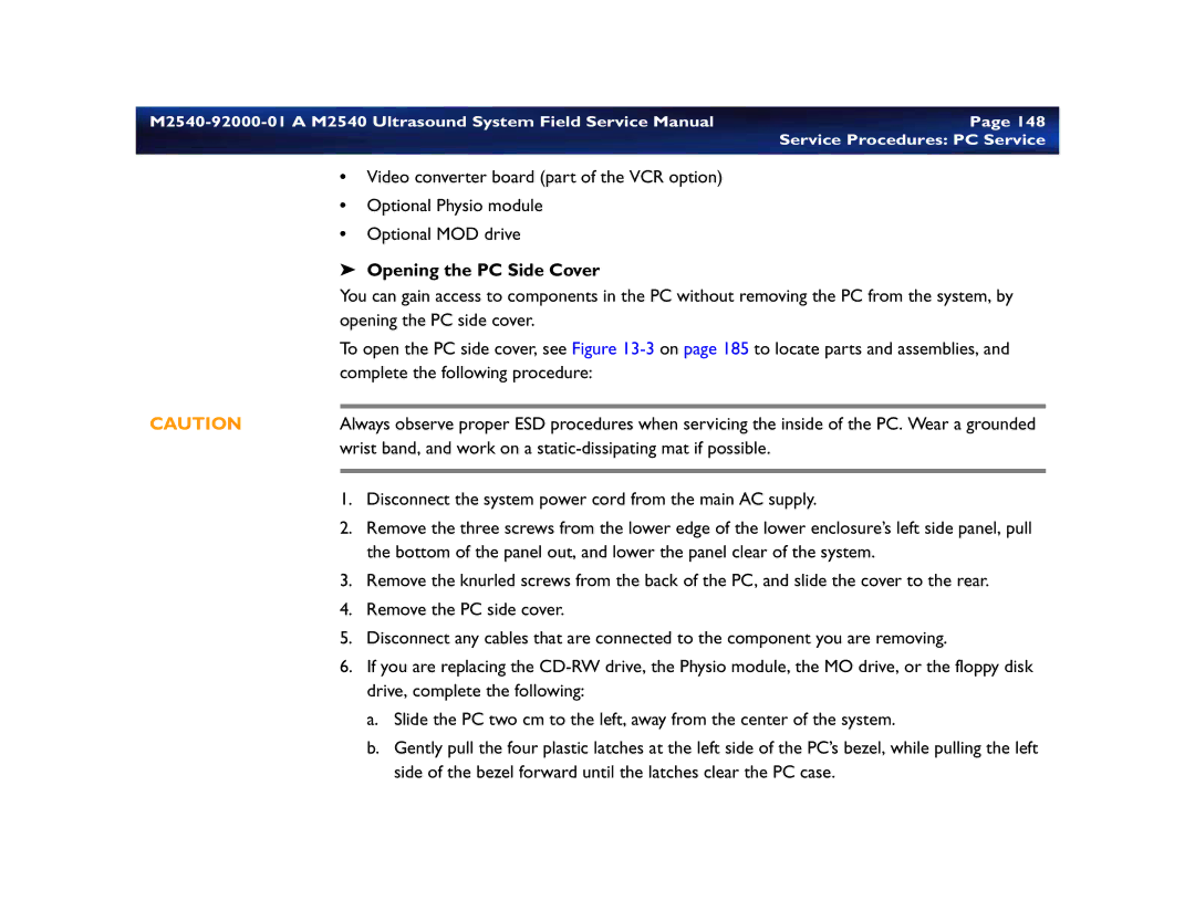 Philips M2540 service manual Service Procedures PC Service, Opening the PC Side Cover 