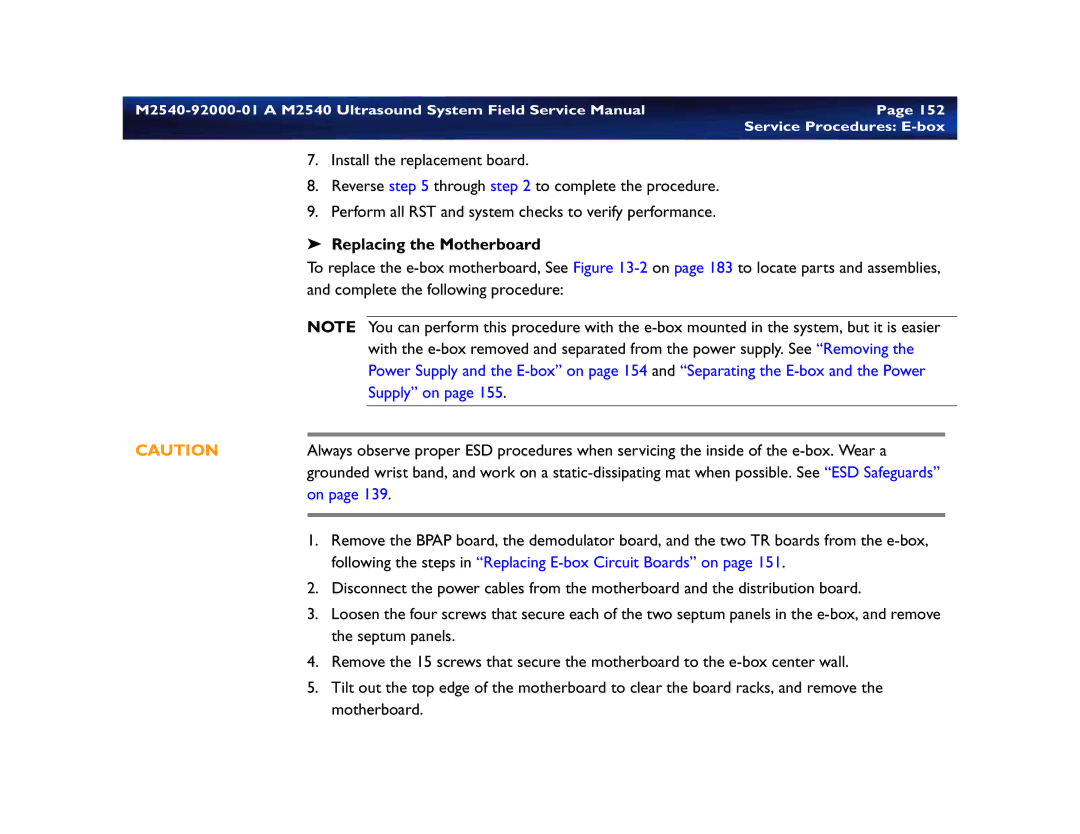 Philips M2540 service manual Service Procedures E-box, Replacing the Motherboard 