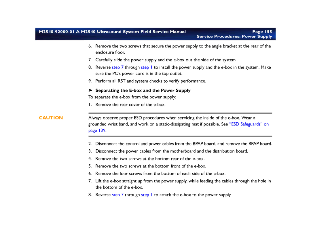 Philips M2540 service manual Service Procedures Power Supply, Separating the E-box and the Power Supply 