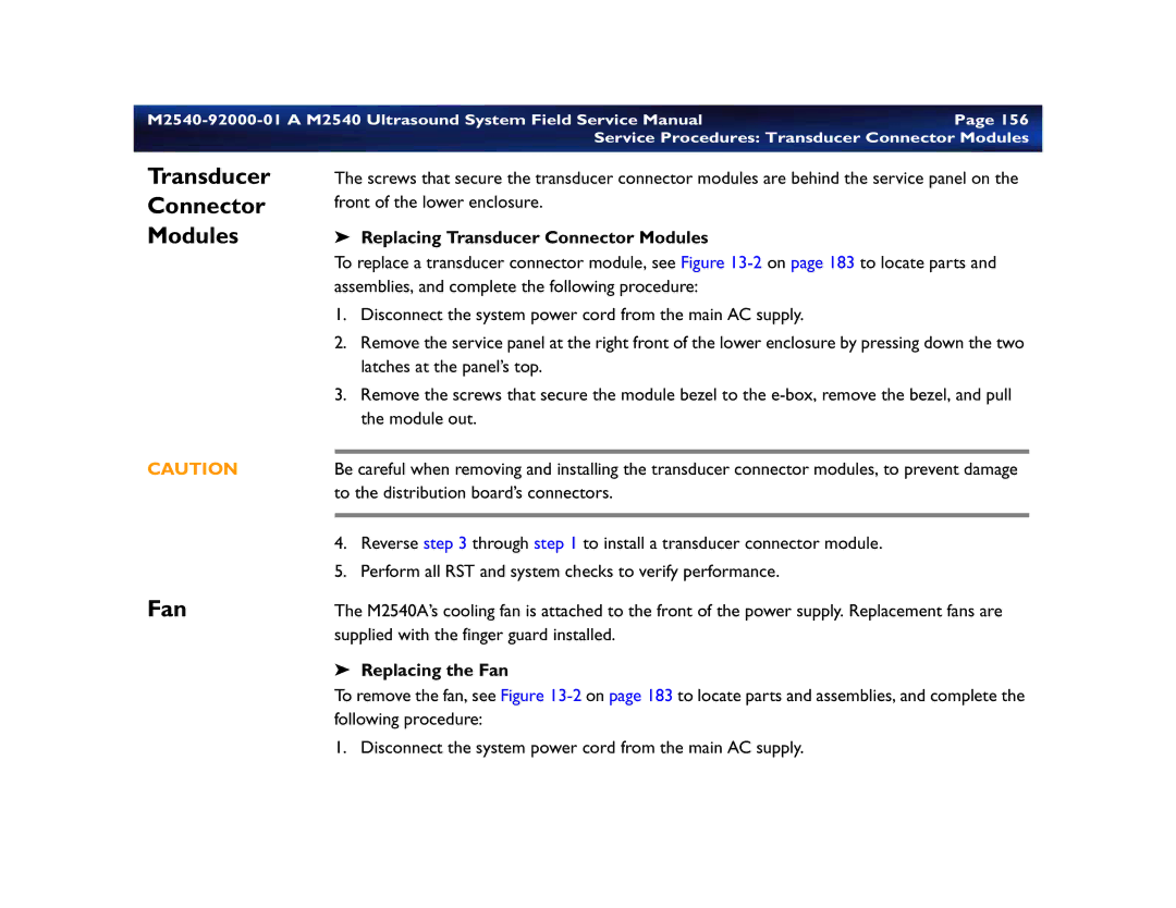 Philips M2540 service manual Replacing Transducer Connector Modules, Replacing the Fan 