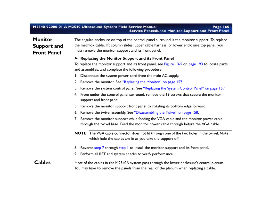 Philips M2540 service manual Monitor Support Front Panel, Cables, Replacing the Monitor Support and its Front Panel 