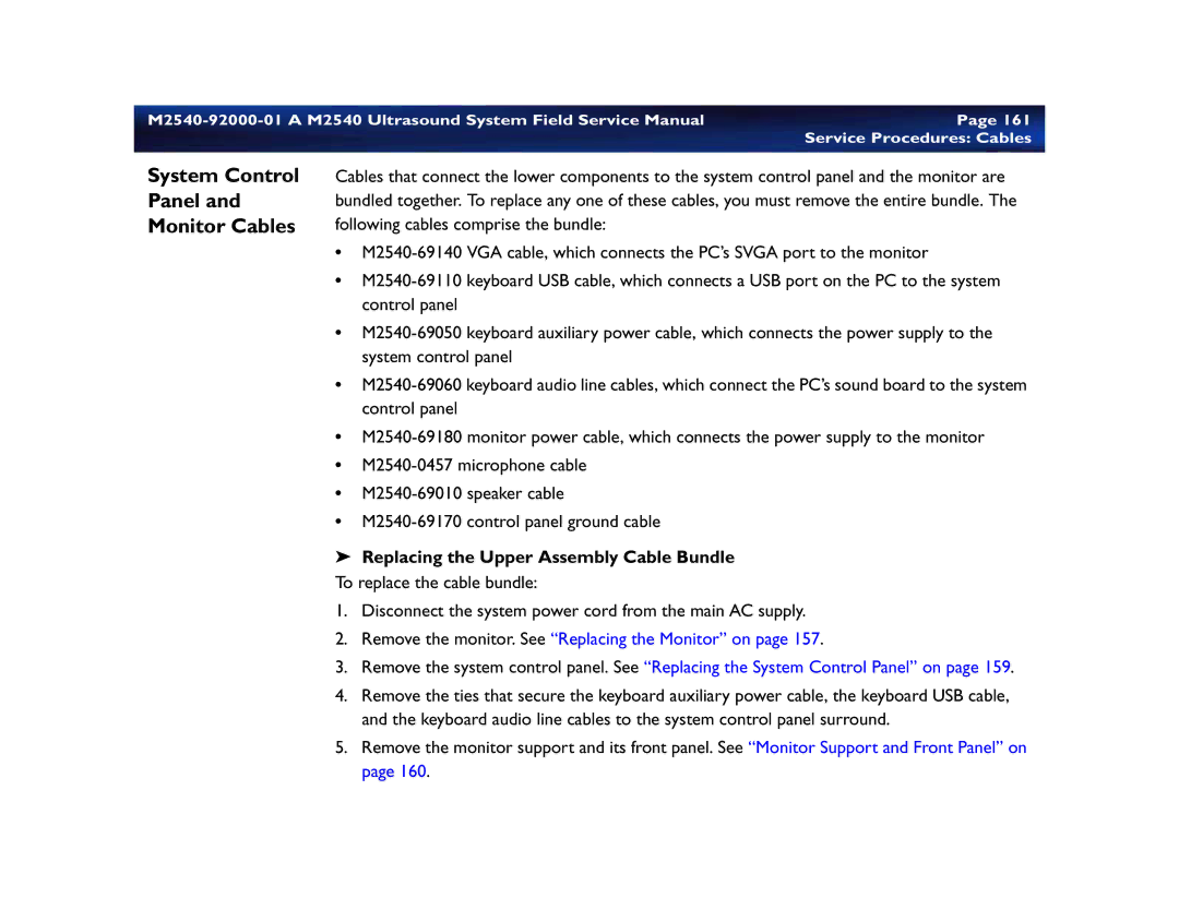 Philips M2540 service manual System Control Panel Monitor Cables, Replacing the Upper Assembly Cable Bundle 