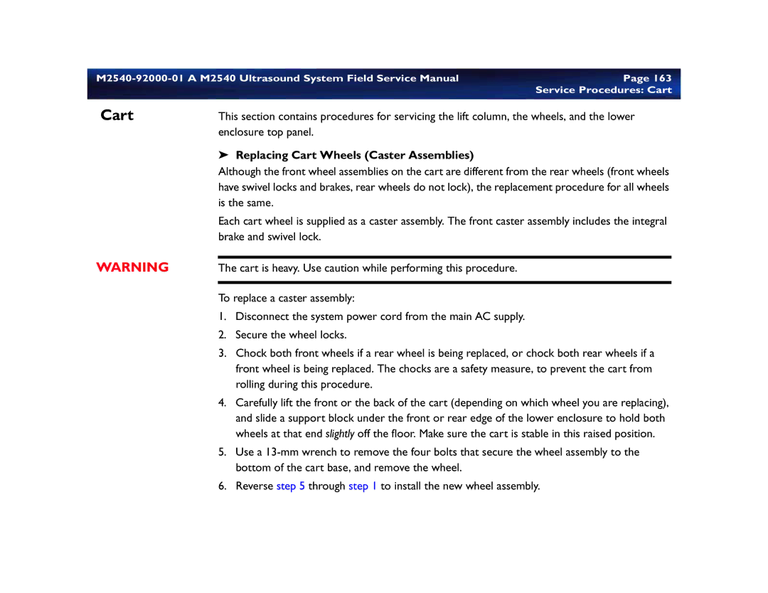 Philips M2540 service manual Replacing Cart Wheels Caster Assemblies 