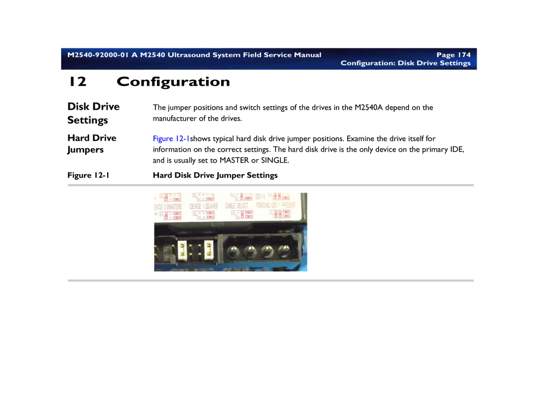 Philips M2540 service manual Configuration, Disk Drive Settings, Hard Drive Jumpers, Hard Disk Drive Jumper Settings 