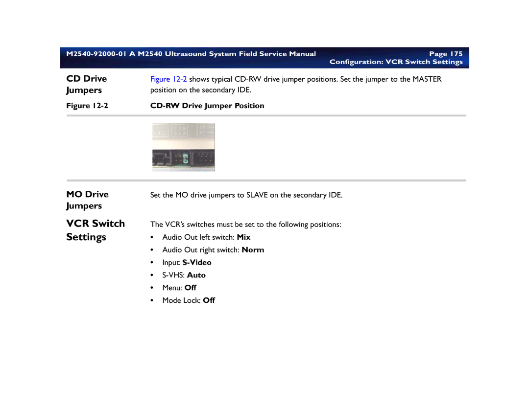 Philips M2540 service manual VCR Switch Settings, CD Drive, Jumpers, MO Drive, CD-RW Drive Jumper Position 