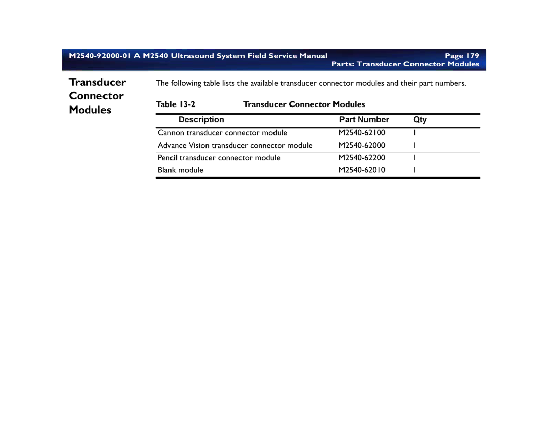 Philips M2540 service manual Transducer Connector Modules Description Part Number Qty 