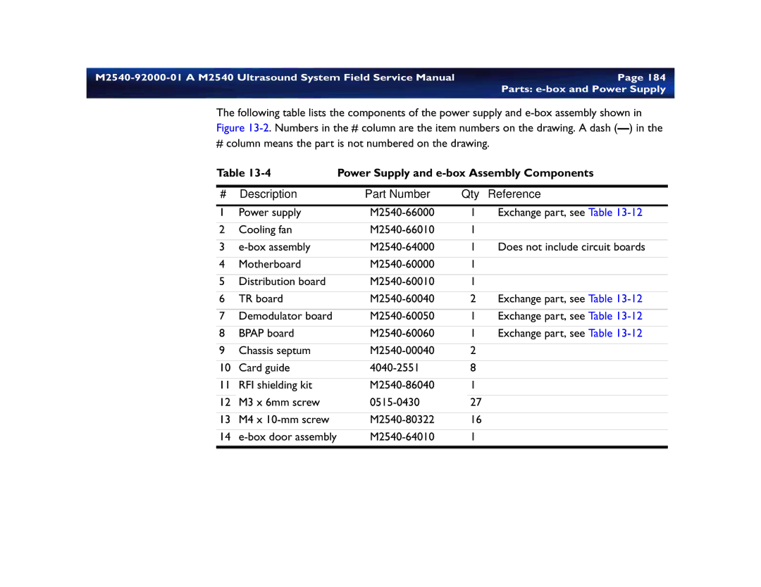 Philips M2540 service manual Power Supply and e-box Assembly Components, Description Part Number Qty Reference 